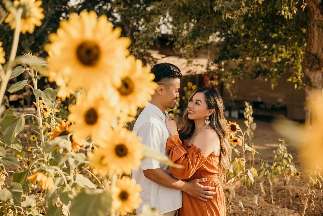 Couple smiling tenderly in blooming sunflower fields in Los Cabos foothills