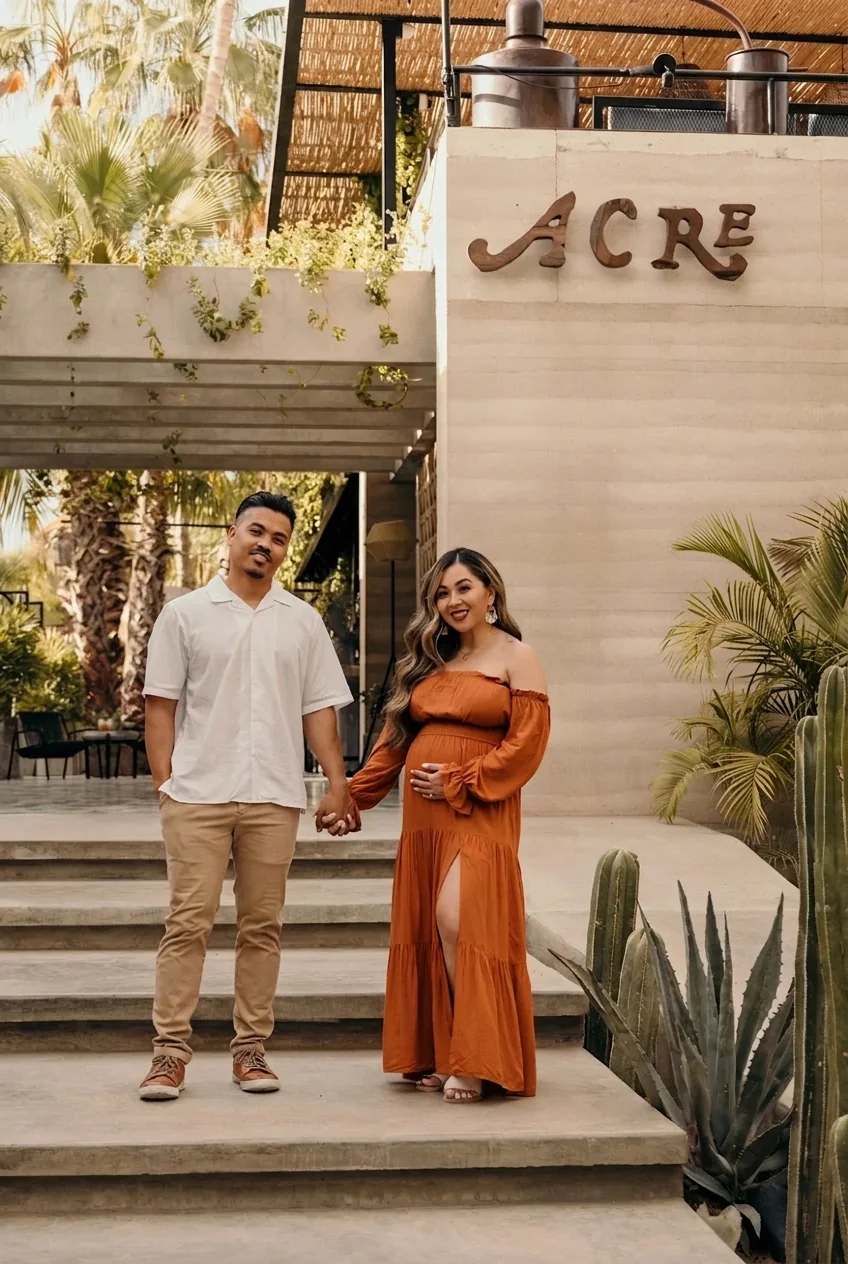 Couple holding hands at Acre Resort Los Cabos entrance sign by Ana Badillo Photography