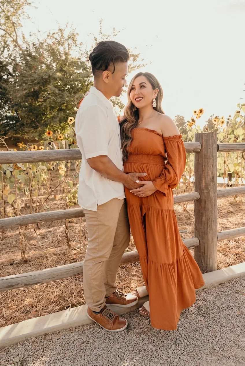 Couple portrait against a rustic wooden fence at Flora Farms