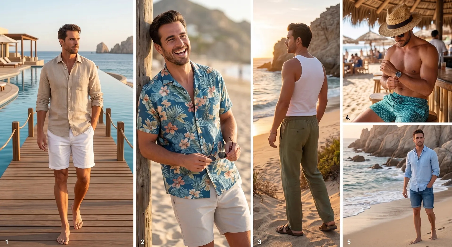 What a man should wear for Cabo beach photos — a light linen shirt and tailored shorts in warm coastal tones